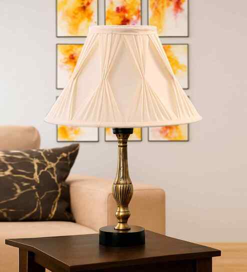 Off-White Cotton Vintage Curtain Pleated   Lamp With Metal & Wood Base  12X16.5