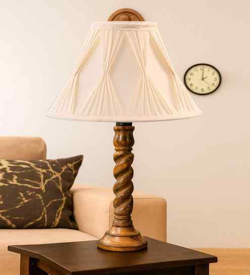 Off-White Cotton Vintage Curtain Pleated   Lamp With Wood Base 12X19.75