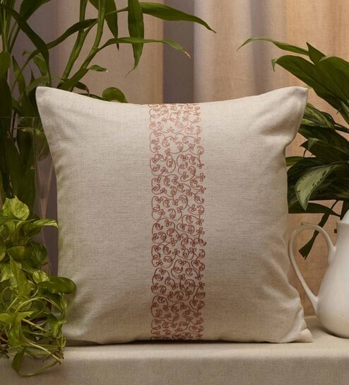 Off White Traditional Blended Cotton 16 x 16 Inches Embroidered Cushion Cover by Zeba