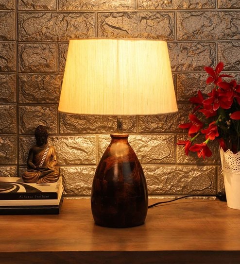 Off White Fabric Shade Table Lamp With Brown Base By Foziq
