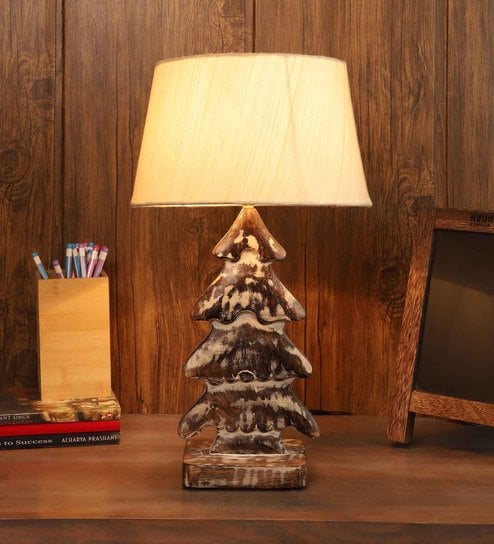 Forever Off White Fabric Shade Table Lamp With Mango wood Base by Foziq