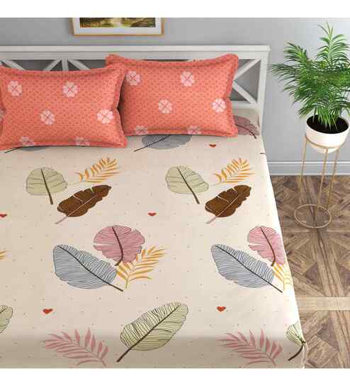 Off White Floral 144 TC Cotton Queen Sized Bedsheet Bedsheet 2 Pillow Prime Collection