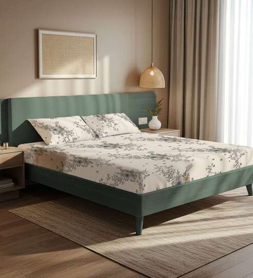 Off white Floral 200 TC Microfiber King Sized Bedsheet with 2 Pillow Covers