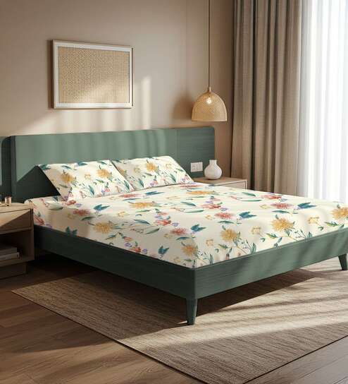 Off white Floral 200 TC Microfiber King Sized Bedsheet with 2 Pillow Covers