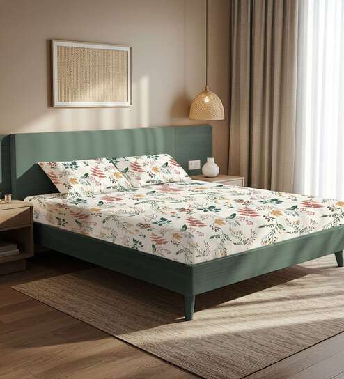 Off white Floral 200 TC Microfiber King Sized Bedsheet with 2 Pillow Covers