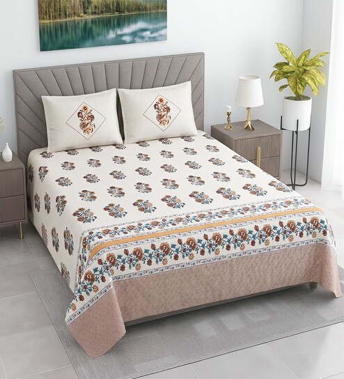 Cream Floral 400 TC Cotton Superking Size Bedsheet With 2 Pillow Covers Threads Heritage Collection