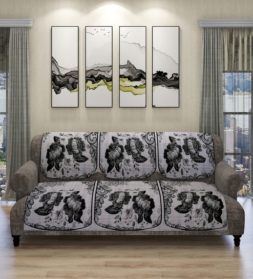 Off White Floral Polyester Velvet 5 Seater Sofa Cover