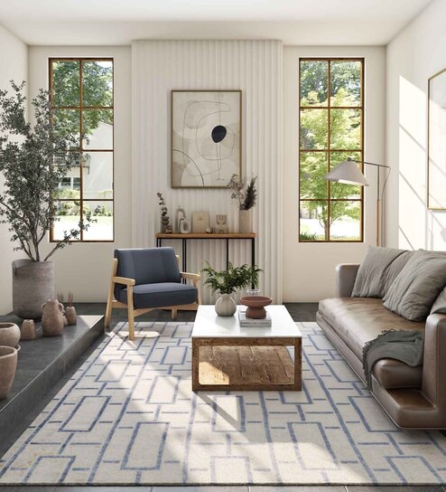 Off White Geometric 4X6 Machine Made Carpet