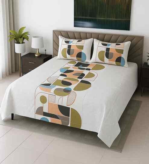Off white Geometrical 400 TC Cotton Flat Super King Size Bedsheet with 2 Pilllow covers Luxury Series Collection