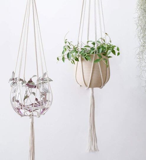 Off White Macrame Boho Hanging Planter (Set of 5) by Ecofynd