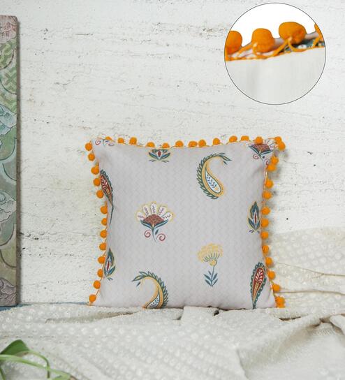 Off White Polycanvas Floral 12x12 inches Cushion Covers (1pc) by Zeba