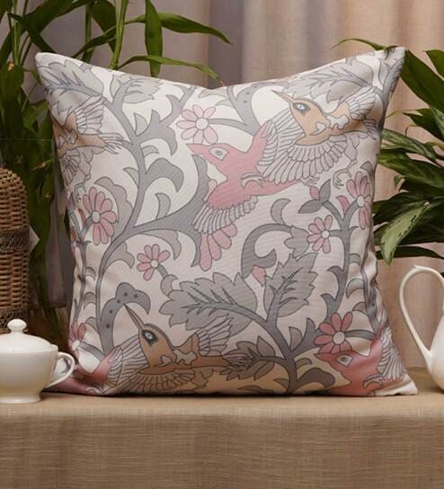 Off White Floral Polycanvas 20 x 20 Inches Cushion Cover by Zeba