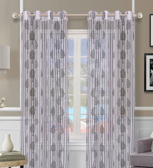 Off White Polyester Floral Light Filtering Eyelet 7 Feet Door Curtains (2 Pc)