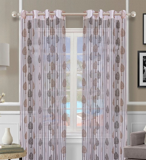 Off White Polyester Floral Light Filtering Eyelet 7 Feet Door Curtains (2 Pc)