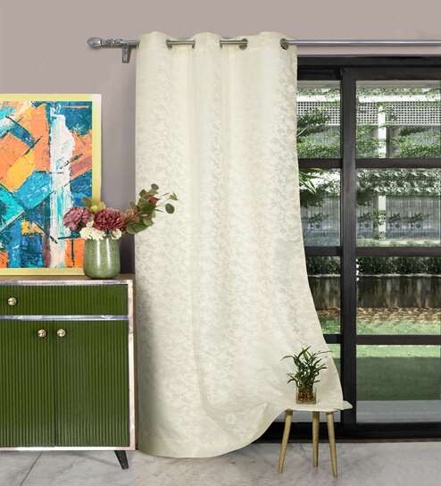 Off White Polyester Jacquard 7ft Regular Eyelet Door Curtain