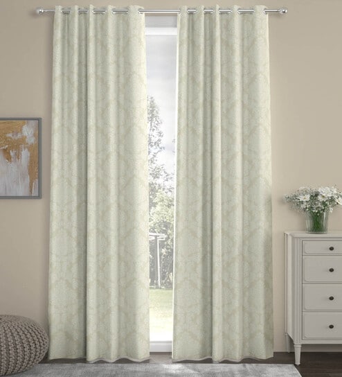 Off White Polyester Traditional 9ft Semisheer Eyelet (2 pc) Long Door Curtains by ROSARAHOME