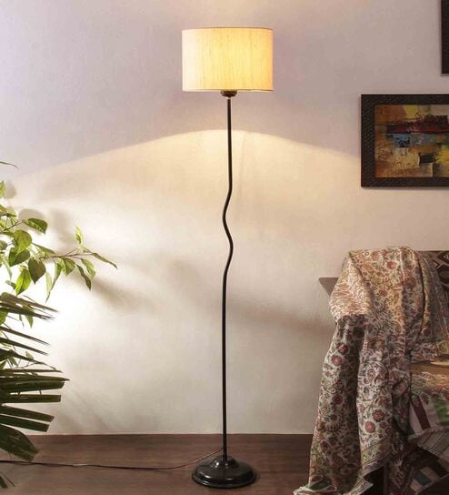 Off White Cottan Fabric Shade Club Floor Lamp With Iron Base