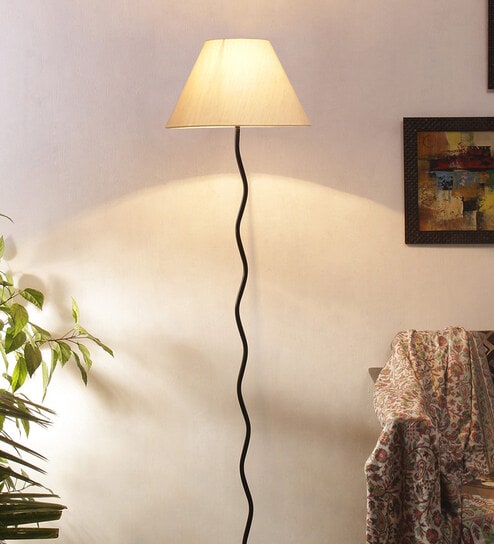 Intricately Off White Cottan Fabric Shade Club Floor Lamp With Iron Base By New Era