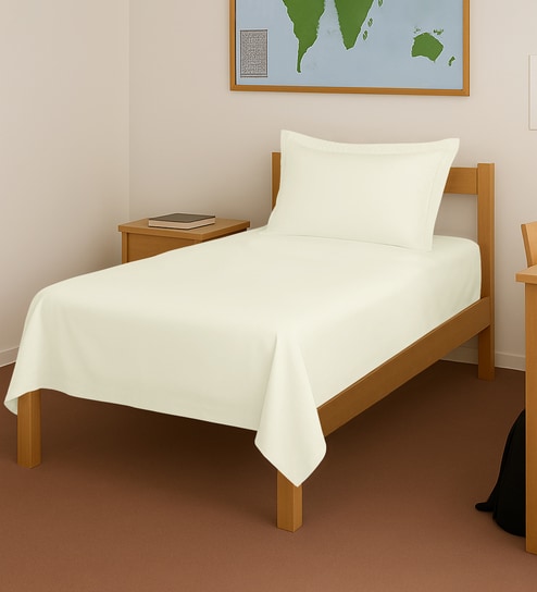 Off White Solid 400 TC Cotton Single Sized Bedsheet with 1 Pillow Cover