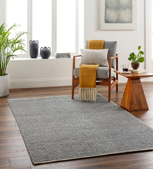 Grey Solid Pet Yarn 5 x 7 Feet Hand Woven Carpet