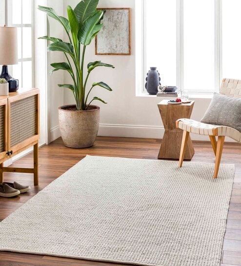 Off White Solid Pet Yarn 8 x 10 Feet Hand Woven Carpet
