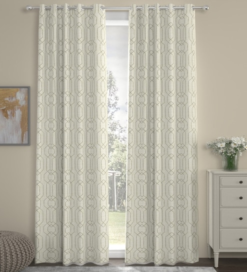 off White Velvet foil print 9ft Regular Eyelet Long Door Curtains (2 Pc)