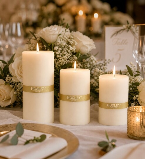 Off White Wax Pillar Candles Set Of 3