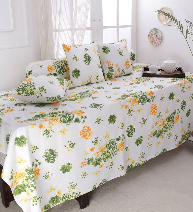 Buy Off White And Yellow Colour Floral Diwan Set With Bolster And