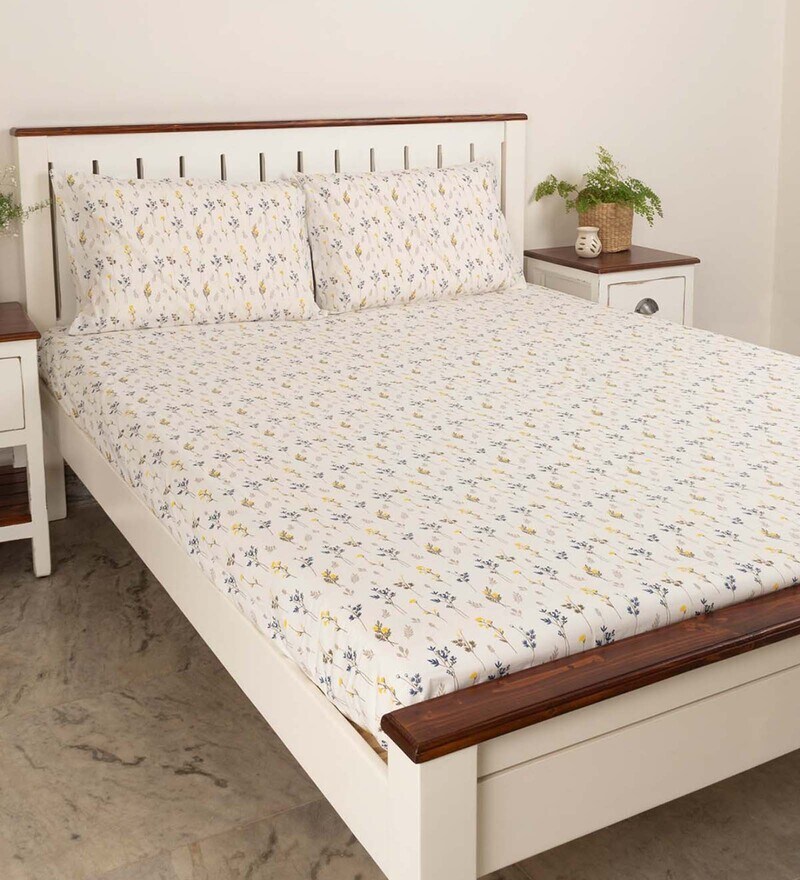 Buy Off White Floral 210 TC Cotton 1 King Size Fitted Bedsheet With 2