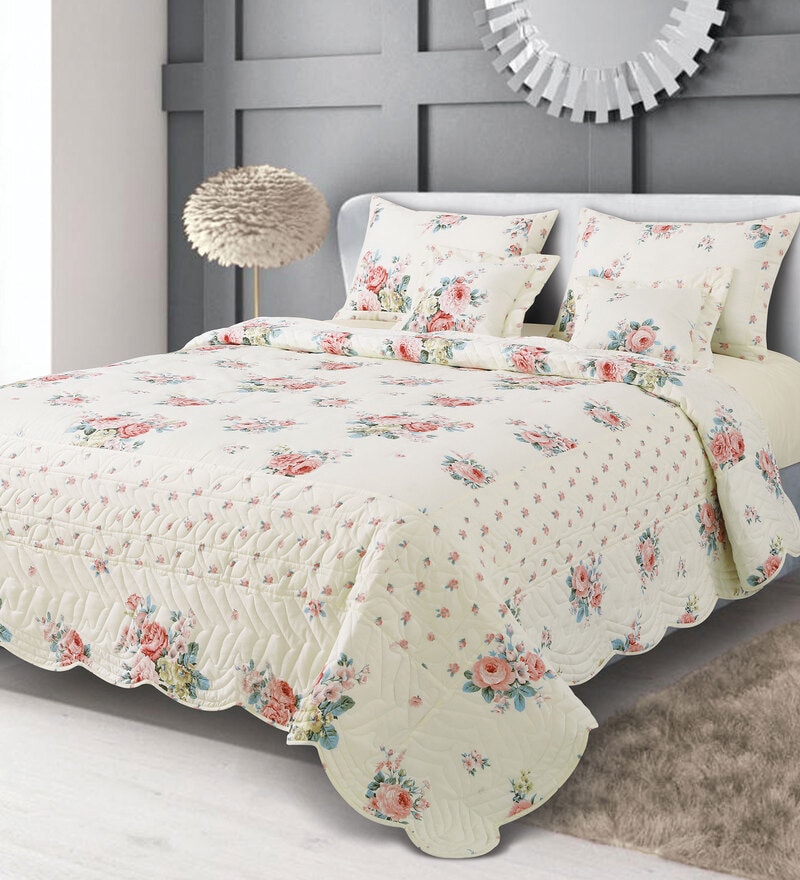 Buy Off White Floral 250 TC Cotton Quilted Double Bed Cover with 2
