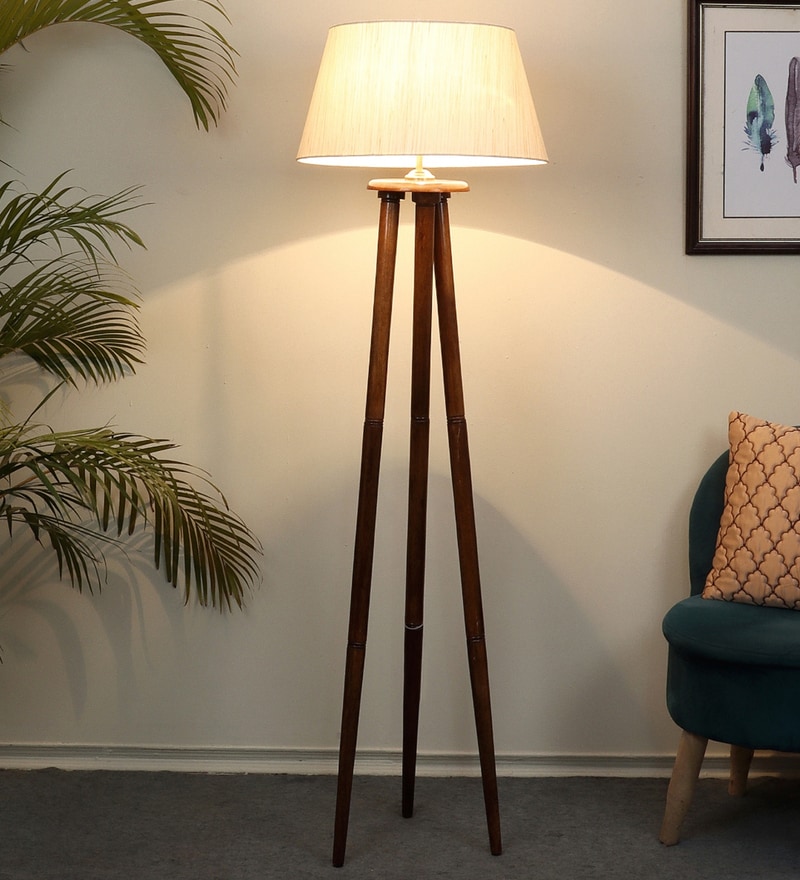 wooden floor lamp with white shade