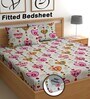 Off White 180 TC Floral Cotton Fitted Double Bedsheet 2 Pillow covers