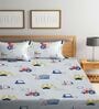 Off White Vehicle Printed 300 TC Cotton Blend Double Queen Size Bedsheet With 2 Pillow Covers