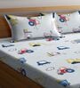 Off White Vehicle Printed 300 TC Cotton Blend Double Queen Size Bedsheet With 2 Pillow Covers