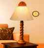 Off White Cotton Table Lamp With  Wood  Base 10X19 Inches-