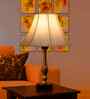 Vintage Metal & Wood Base Lamp With Off-White Cotton Fabric Shade