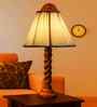 Off-White Cotton Vintage  Lamp With Wood Base 12X19.75