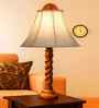 Off-White Cotton Vintage  Lamp With Wood Base 12X19.75
