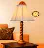 Off-White Cotton Vintage  Lamp With Wood Base 12X19.75