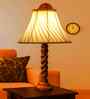 Off-White Cotton Vintage Cross Pleated   Lamp With Wood Base 12X19.75