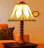 Off-White Cotton Vintage Curtain Pleated   Lamp With Wood Base 12X19.75