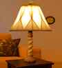 Off-White Cotton Vintage Straight Pleated   Lamp With Wood Base 12X19.75
