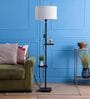 Frosted Off White Fabric Shade Shelf Floor Lamp With Wood Base