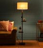 Frosted Off White Fabric Shade Shelf Floor Lamp With Wood Base