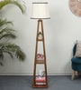 Century Off White Metal and Fabric Shade Shelf Floor Lamp With Mango wood Base
