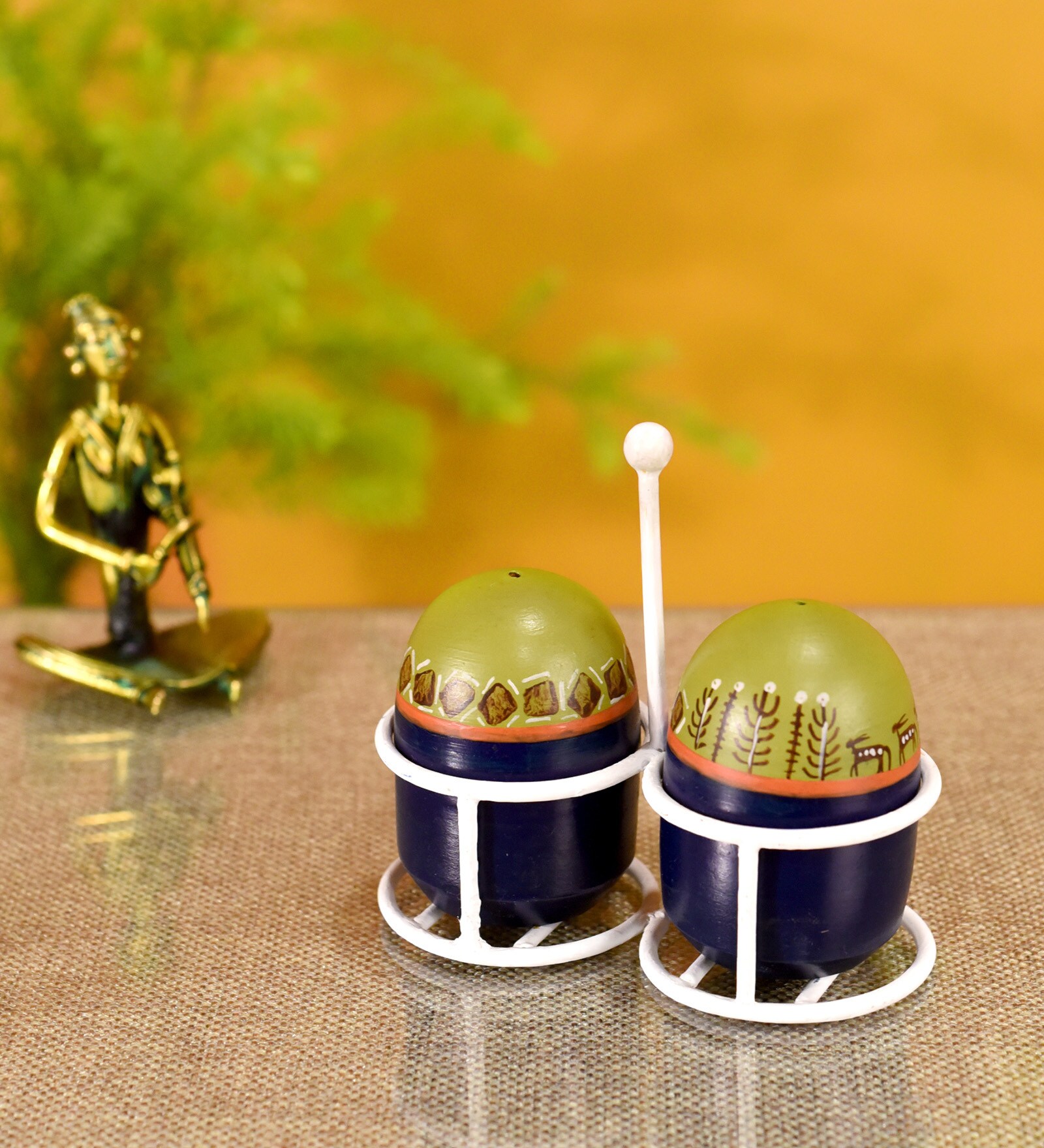 Oggy Blue and Mustard  Ceramic 3 Pcs Salt & Pepper Shaker with Stand