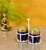 Oggy Blue and Mustard  Ceramic 3 Pcs Salt & Pepper Shaker with Stand