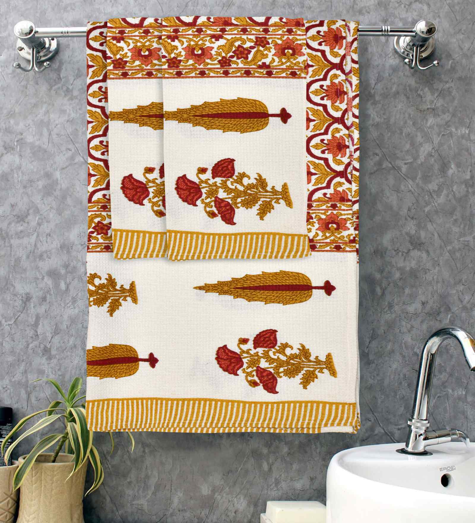 Oil Yellow Madhuban Floral Waffle Cotton 250 GSM Bath & Hand Towel Set