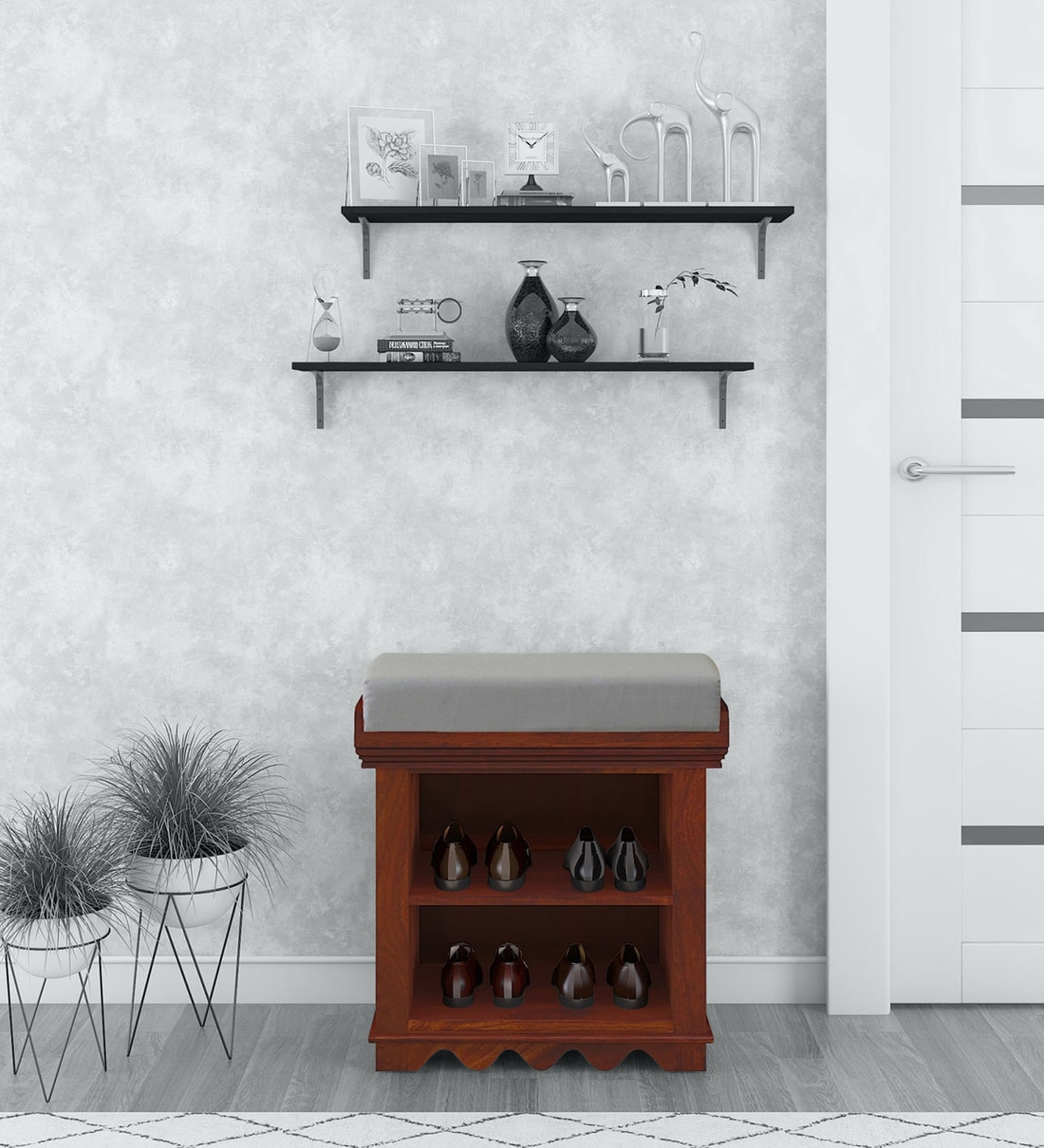 Buy Ojaswi Sheesham Wood Shoe Rack With Seating In Honey Oak Finish at