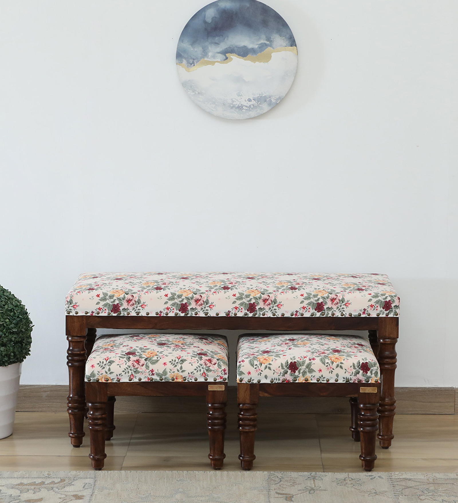 Ojal Upholstered Bench Set In Provincial Teak Finish